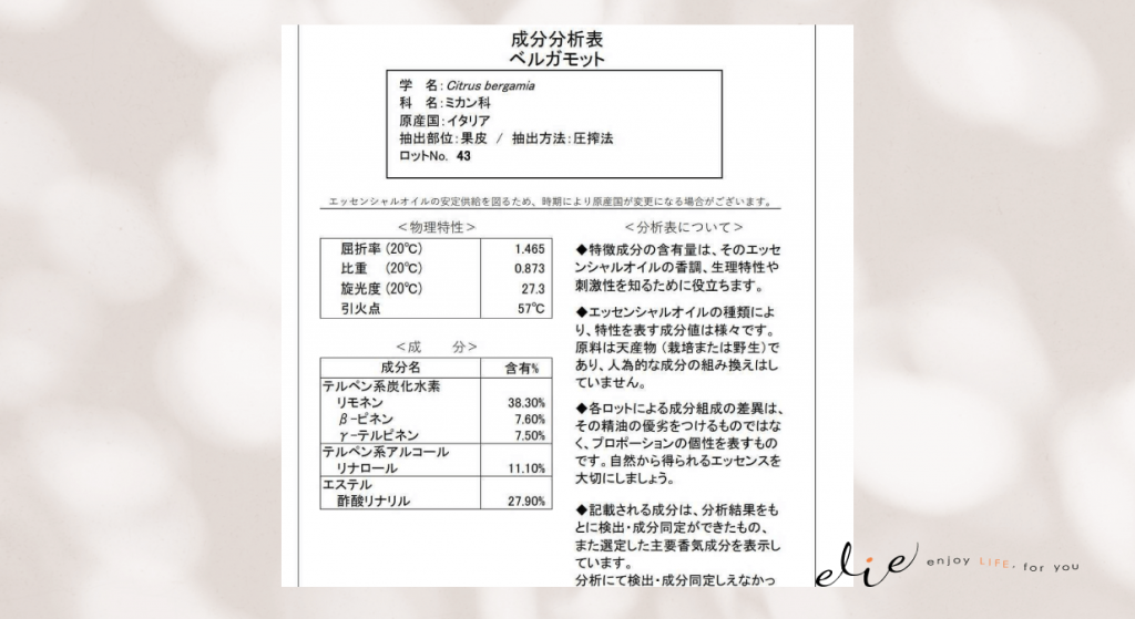 精油（エッセンシャルオイル）の成分分析表